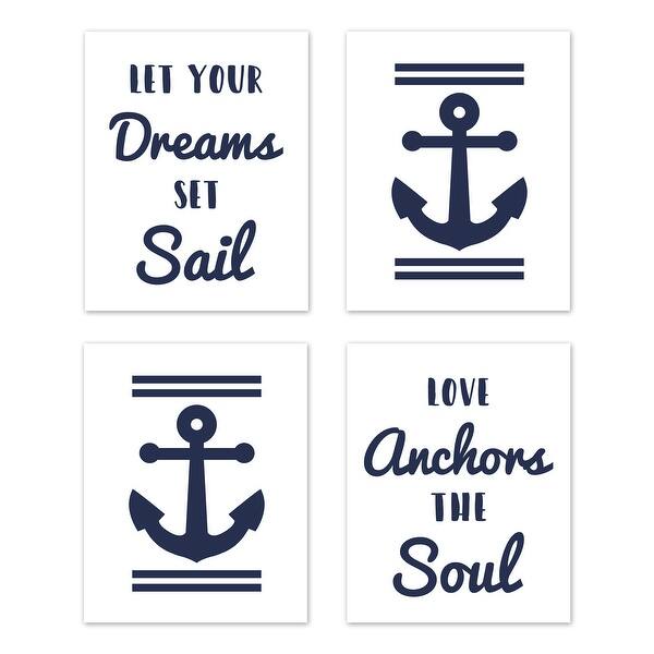 slide 2 of 6, Sweet Jojo Designs Navy Blue White Anchors Away Collection Wall Decor Art Prints (Set of 4) - Let Your Dreams Set Sail