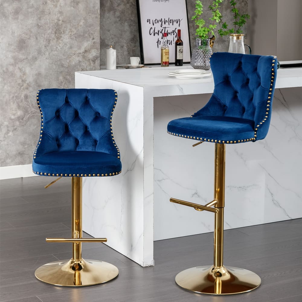 GDFStudio - Riveton Modern Swivel Velvet Upholstered Bar Stools with Tufted Back (Set of 2)