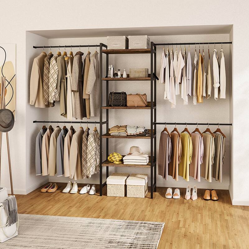Adjustable Closet Organizer System with 4 Hanger Rods and 5-Tier Shelves for 6-9 Ft Space - Brown