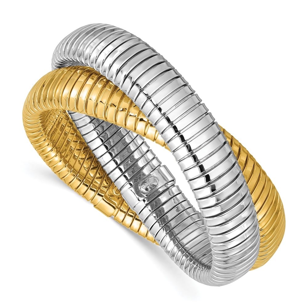 Curata 925 Sterling Silver 7.5" 12.5mm Italian Two-tone Tubogas Stretch Bangle Bracelet