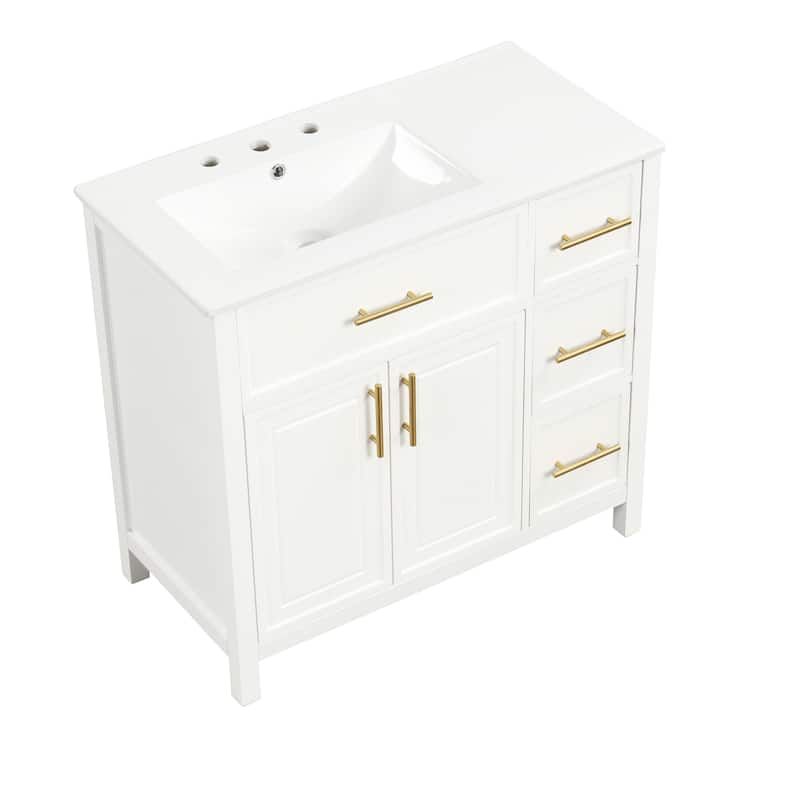 36" Bathroom Vanity with Ceramic Sink, Solid Rubber Wood & MDF Cabinet, 2 Doors, 3 Drawers, Painted Finish