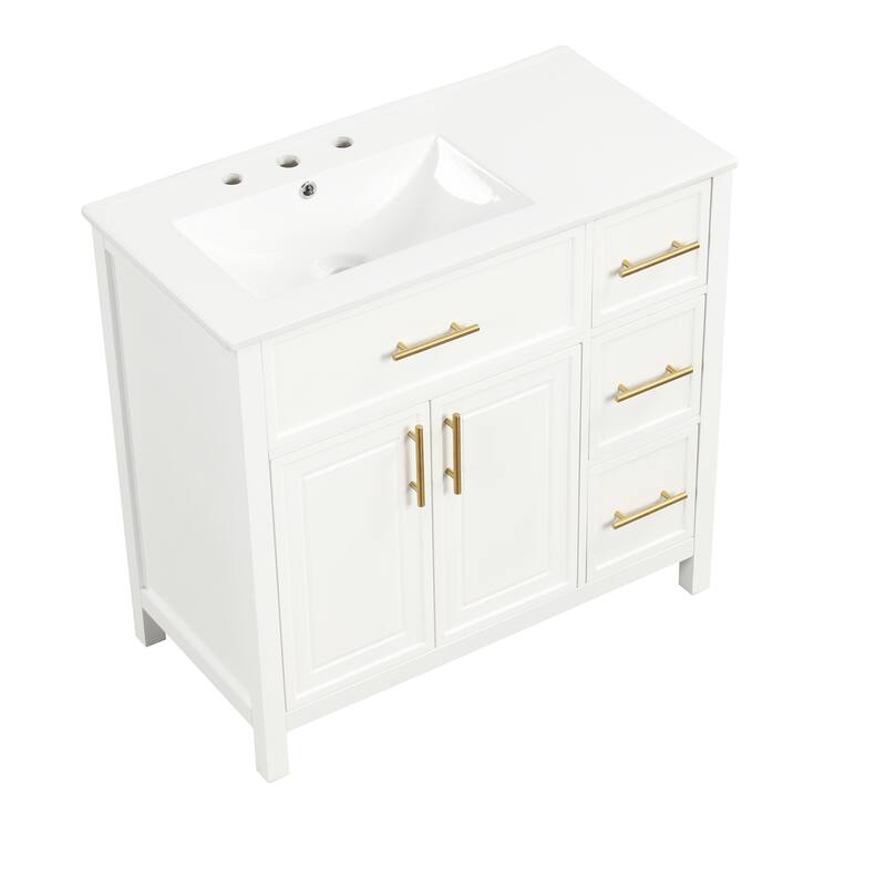 Roomfitters 36" Bathroom Vanity with Sink, Left-Side Basin, Solid Wood Frame, 2 Doors & 3 Drawers