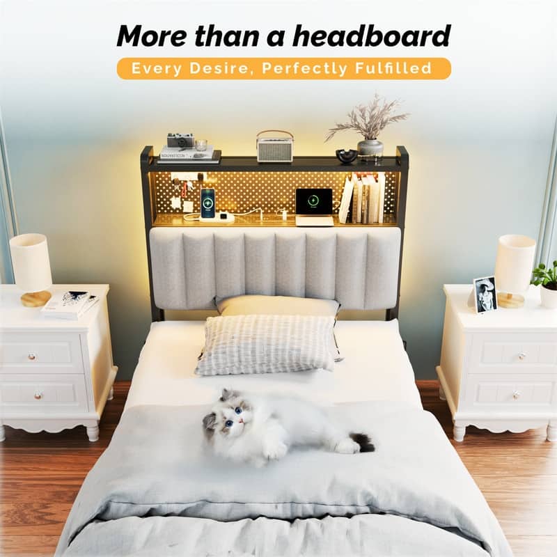Adjustable Upholstered Headboard with 2 Tier Shelves with Charging Stations and LED Lights, Modern Bed Headboard with Storage