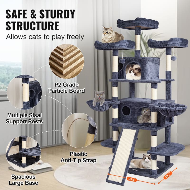 Cat Tree for Indoor Cats, 68.5" Cat Tower with 2 Cat Condos, Sisal Scratching Post, Hammocks, Top Perches