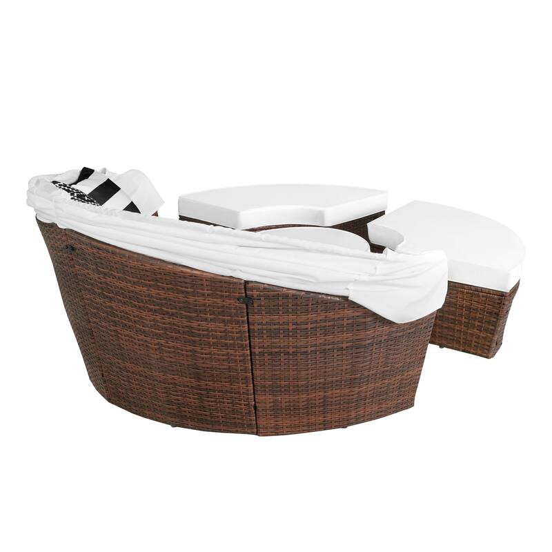 Ledel Wicker Outdoor Daybed 5-piece Sectional Sofa Set With Retractable Canopy and Cushions