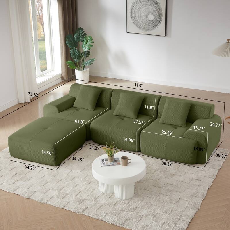113" Modern L-Shaped Corduroy Upholstery Modular Sectional Sofa with Deep Seat and Movable Ottoman