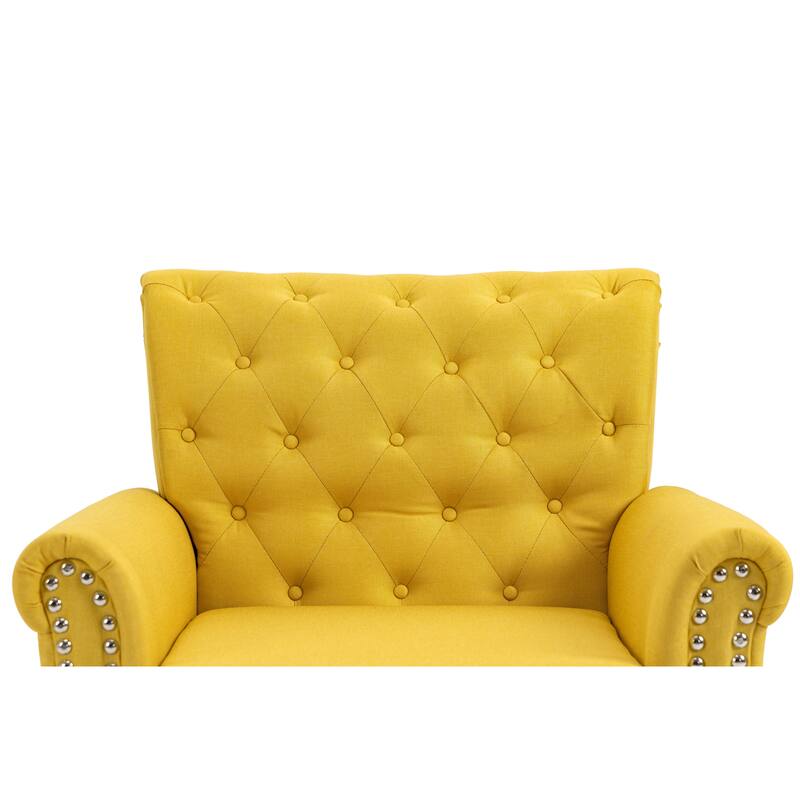 Linen Armchair w/Tufted Back/Wood Legs
