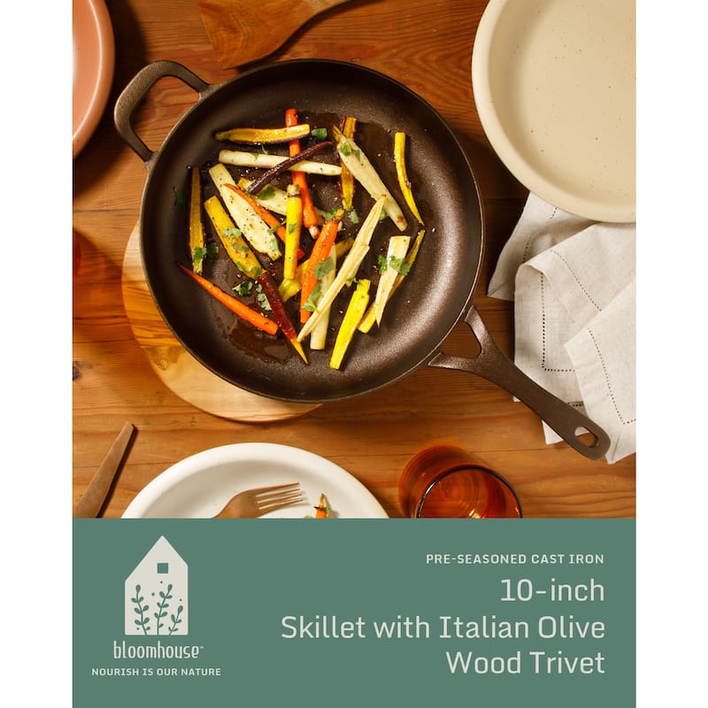 Bloomhouse Natural Bronze Finish Pre-seasoned Cast Iron Grill, Everyday Pan, Skillet & Olive Wood Trivet