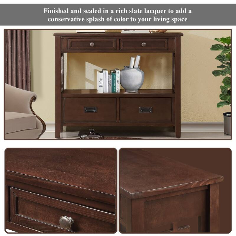 36" Country Console Table with Hollow Decorative, Solid Wood Living Room Entryway Sofa Table with 4 Drawers and Open Shelf