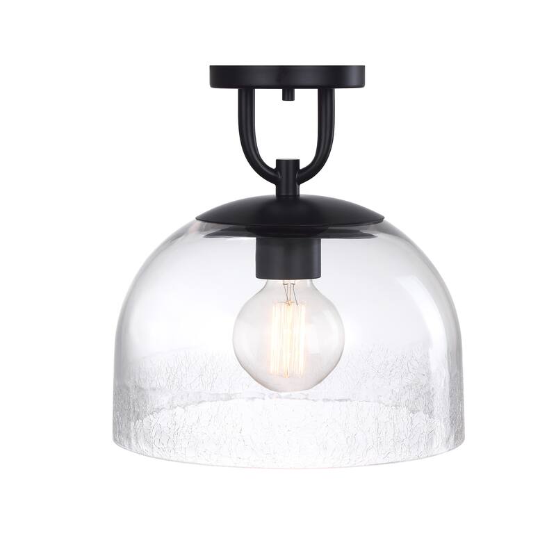 Astra 11.75 in. Matte Black Modern Semi-Flush Mount with Clear Ice Glass Shade for Hallways