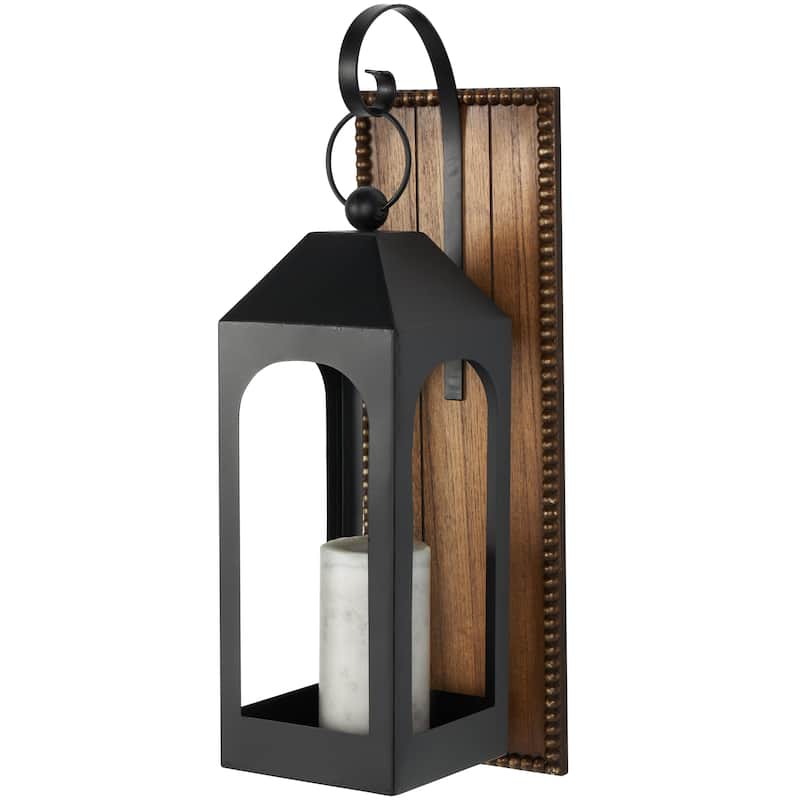 Metal Suspended Arched Cutout Wall Sconce with Brown Wood Backing and Beaded Edge - Black - Roche River Decor - Black - 6"W, 21"H