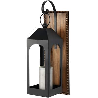 Metal Suspended Arched Cutout Wall Sconce with Brown Wood Backing and Beaded Edge - Black - Roche River Decor