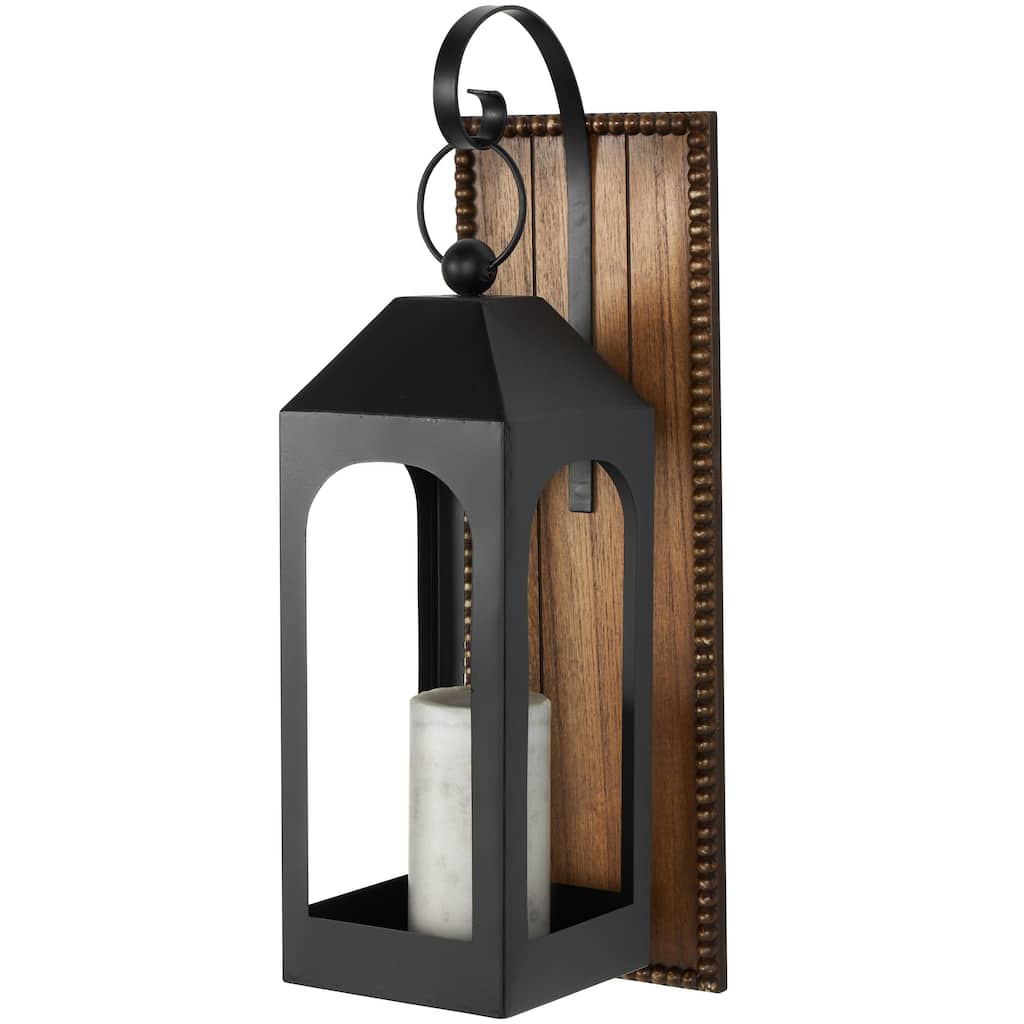 Metal Suspended Arched Cutout Wall Sconce with Brown Wood Backing and Beaded Edge - Black - Roche River Decor