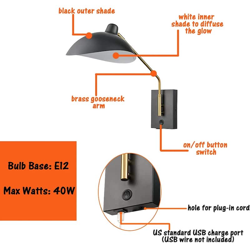 Giglio Swing Arm Bedroom Wall Sconces Modern Black Plug-in or Hardwired Sconce Lighting with USB Charge Port-Set of 2