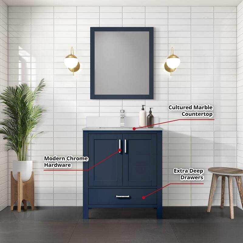 Jacques 30 in. W x 22 in. D White Bath Vanity, Cultured Marble Top, and 28 in. Mirror