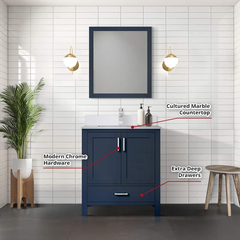 Jacques White Bath Vanity, Cultured Marble Top, Faucet Set and Mirror