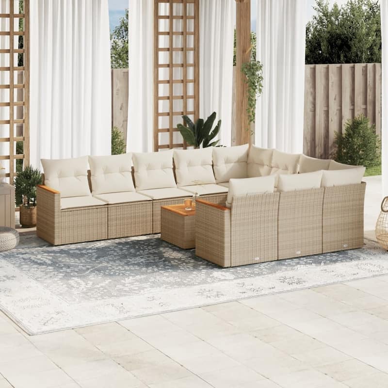 vidaXL Patio Sofa Set with Cushions Outdoor Conversation Furniture Poly Rattan - Beige with table - 70.5 x 113.8 x 27.2 in