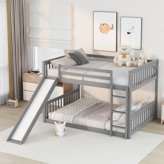 Grey Full Over Full Low Bunk Beds with Slide and Ladder for Kids, Wood Floor Bunk Bed Frame with Safety Guardrails for Kids Teen