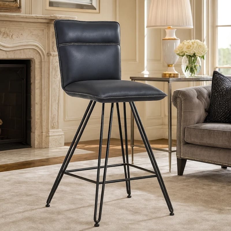 Metal Leather Upholstered Counter Height Stool with Hairpin Style Legs Set of 2, Blue and Black