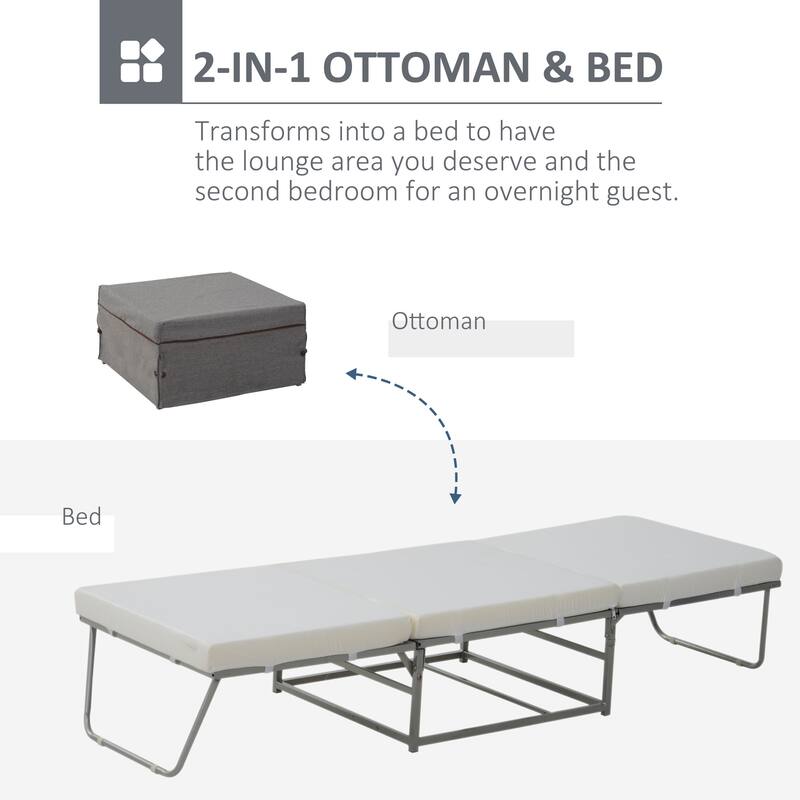 Twin Size Wood Convertible Ottoman Foldable Bed with Thick Foam Padding and 2-in-1 Foldable Guest Sleeper