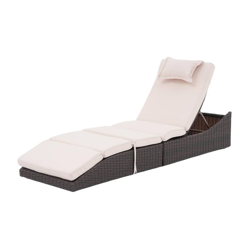 Adjustable Outdoor Wicker Reclining Chaise Lounge with Cushion - Beige