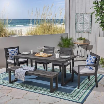 Outdoor Patio Dining Table Chairs Set of 6, Acacia Wood Rectangular Dining Table with Bench and 4 Chair with Cushions