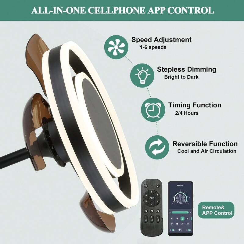 Cusp Barn 22 Inch Modern Retractable Ceiling Fan with Dimmable LED Light and APP Control, Smart 6 Speeds Ceiling Fan for Bedroom