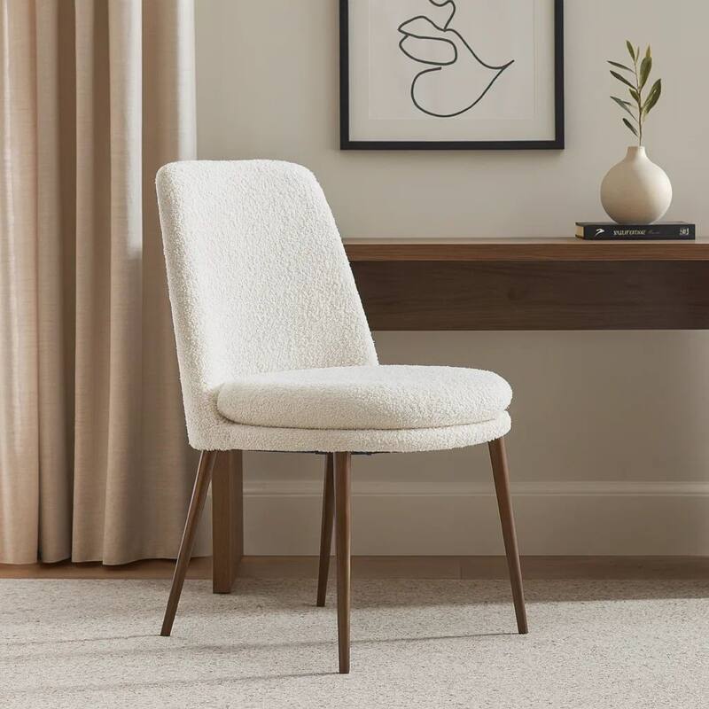 Zame 20 Inch Dining Chair, Boucle Fabric, Tapered Legs, Set of 2, White, Brown