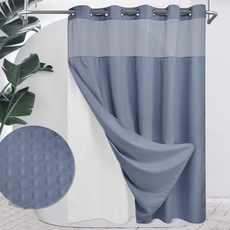 No Hook Waffle Weave Shower Curtain and Liner Set Sheer Window - 71Wx86L - Green Light