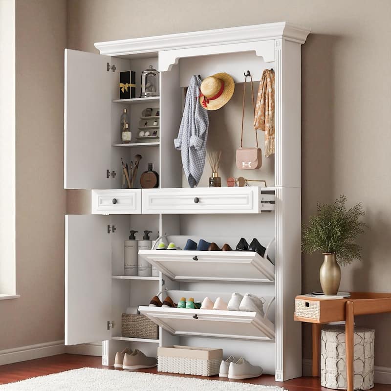 54.7" Hall Tree with Mirror, Coat Hooks, Bench & Shoe Cabinet, 4-in-1 Entryway Organizer with 2 Flip Drawers, 2 Cabinets