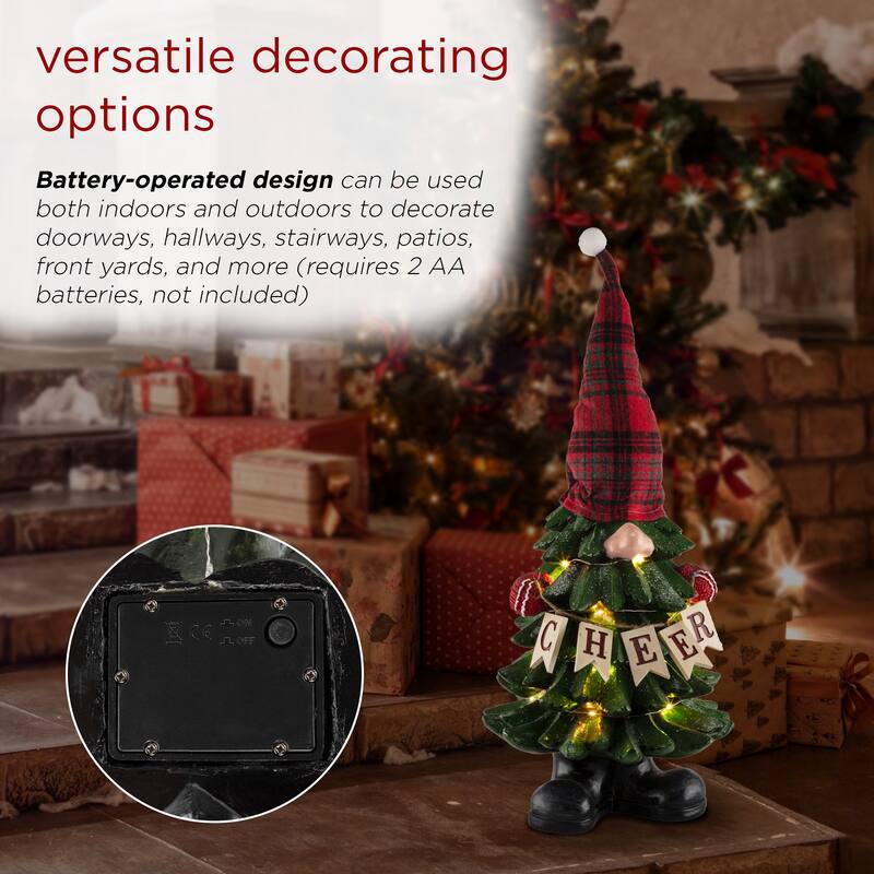 Alpine Corporation 28"H Polyresin Christmas Tree Gnome Decoration with Color Changing LED Lights
