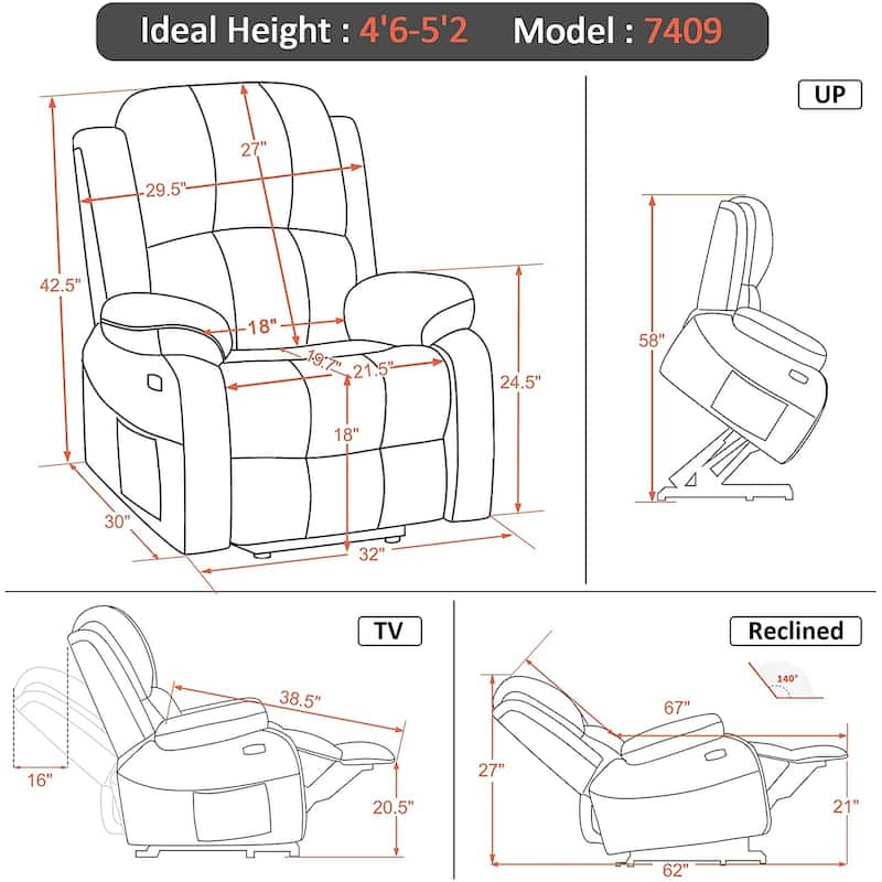 MCombo Small Sized Power Lift Recliner Chair with Massage and Heat, USB Ports, Faux Leather 7409