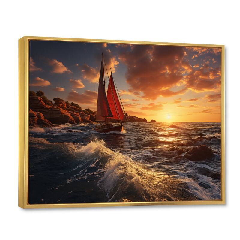 Designart "Spain Sunset Sail I" Nautical & Beach Framed Wall Art Prints