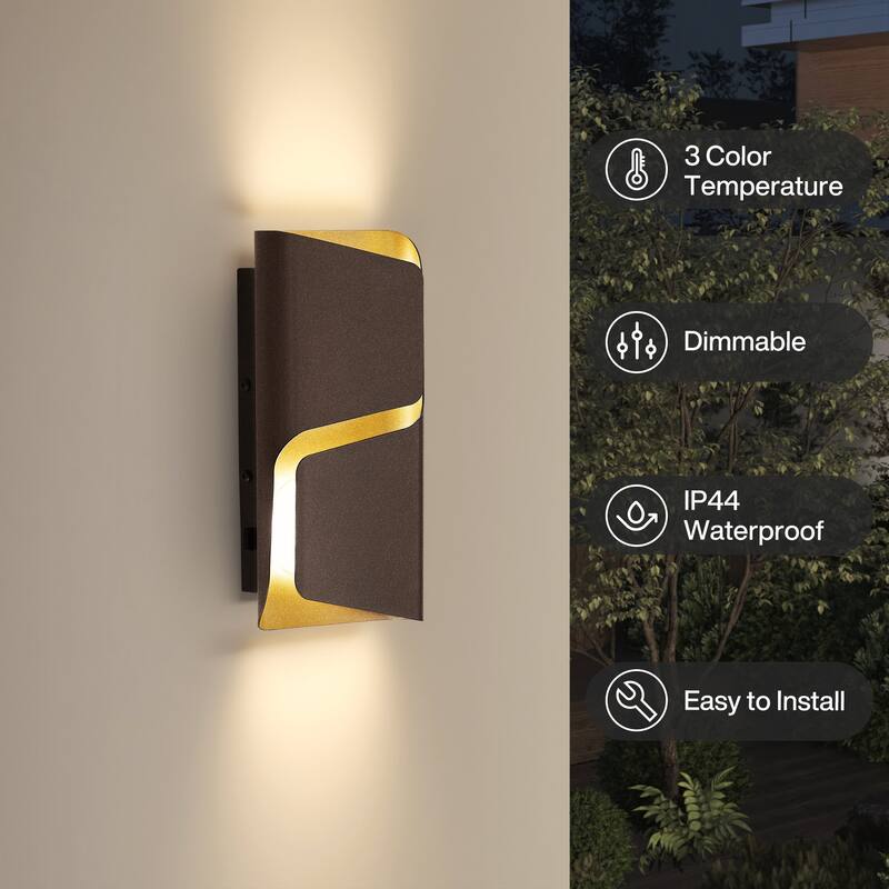2-Pack Modern LED Outdoor Wall Sconce, 3CCT, IP44 Waterproof - 6.3'' W × 2.8'' D × 12'' H