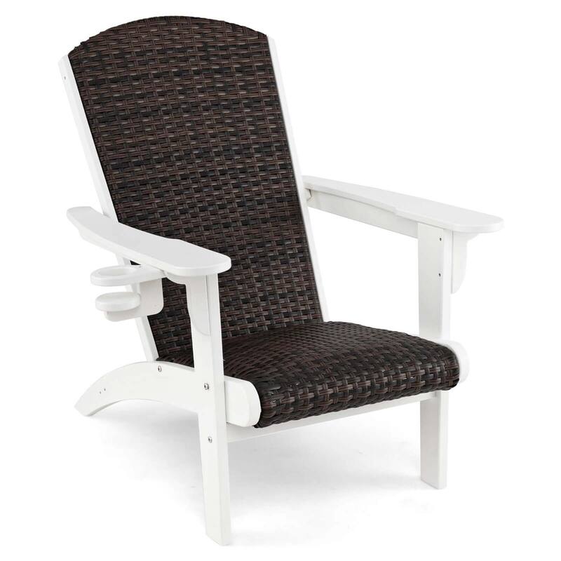 Costway Patio Adirondack Chair with Rattan Padded Seat Wide Armrests & - See Details - White