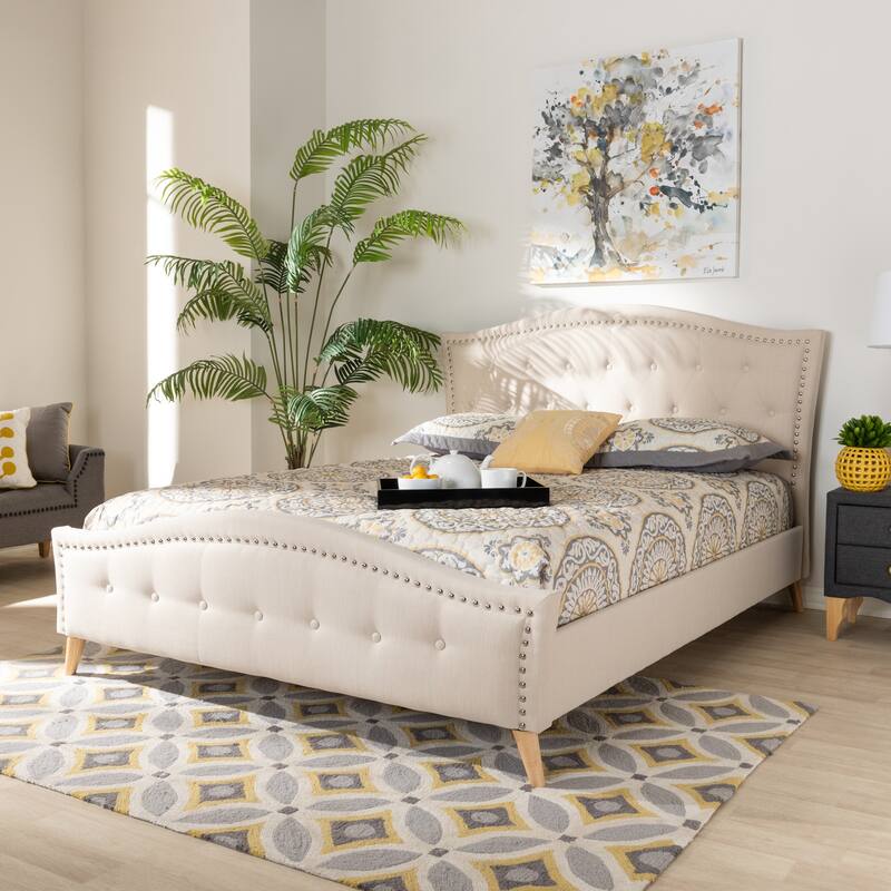King Size Platform Bed - Modern Beige Upholstered Bed with Button Tufted Headboard & Angled Legs