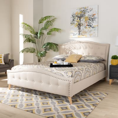 King Size Platform Bed - Modern Beige Upholstered Bed with Button Tufted Headboard & Angled Legs