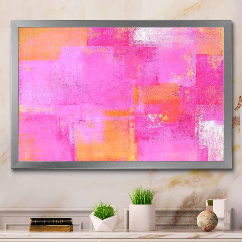 Designart "Pink And Orange Colorfields II" Modern Framed Art Print - 32 In. Wide x 16 In. High - Silver