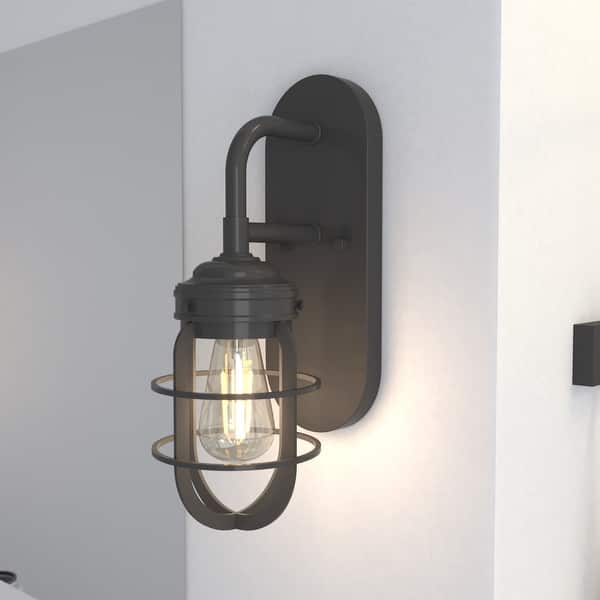 slide 2 of 9, Hunter Starklake 1-Light Wall Sconce, Industrial, Caged, Rustic, Damp Rated Noble Bronze