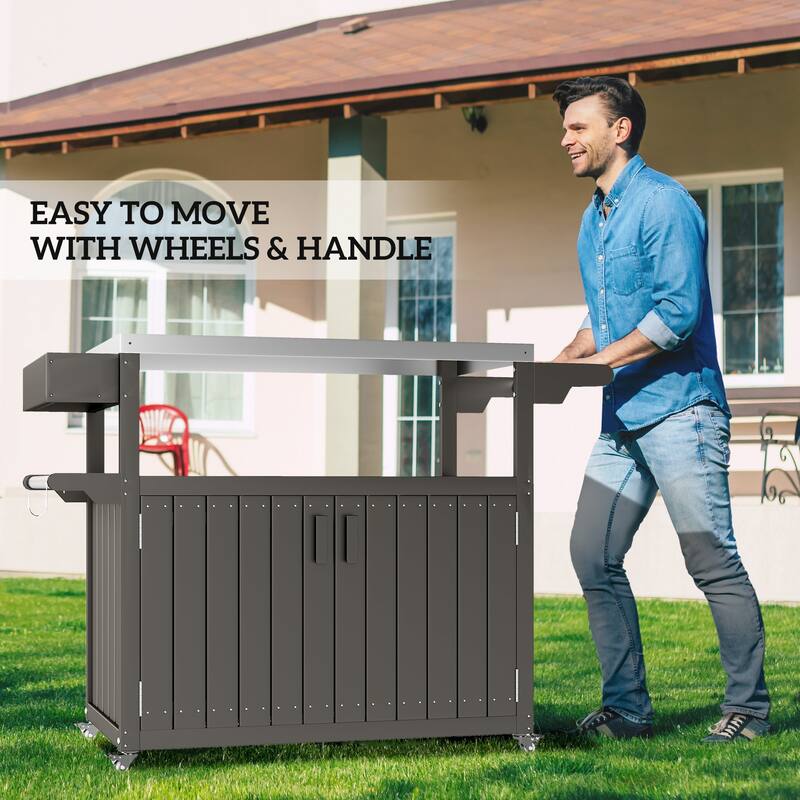 Stainless Steel and HDPE Outdoor Bar Cart with Cabinet, Hooks, and Swivel Casters Mobile Serving Table