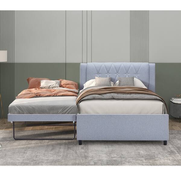 slide 2 of 10, Full Size Upholstered Platform Bed with Adjustable Trundle, Modern Linen Headboard