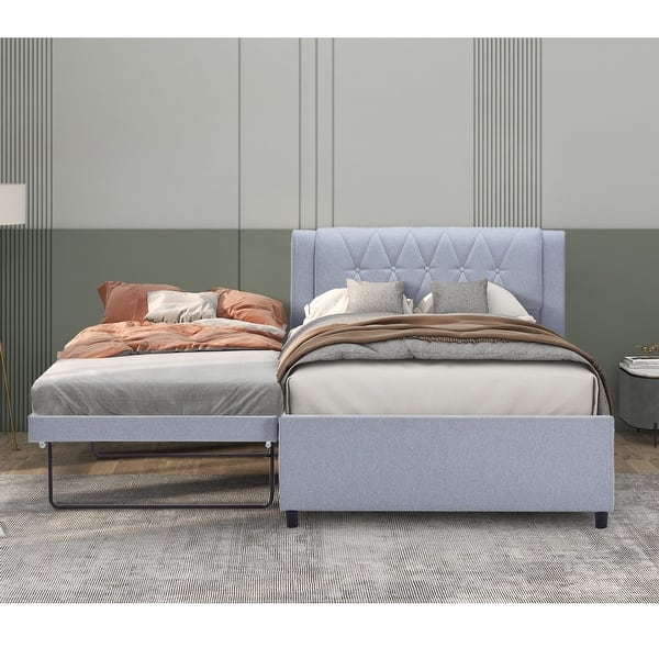 slide 2 of 10, Full Size Upholstered Platform Bed with Adjustable Trundle and Convertible to Twin Bed, Linen Headboard & No Box Spring Needed Gray