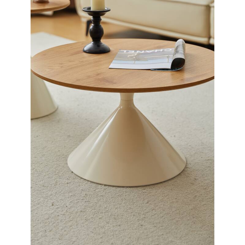 Modern Simple Coffee Table Round Coffee Table with Double Cone Table Frame Carbon Steel Coffee Table Base, for Living Room