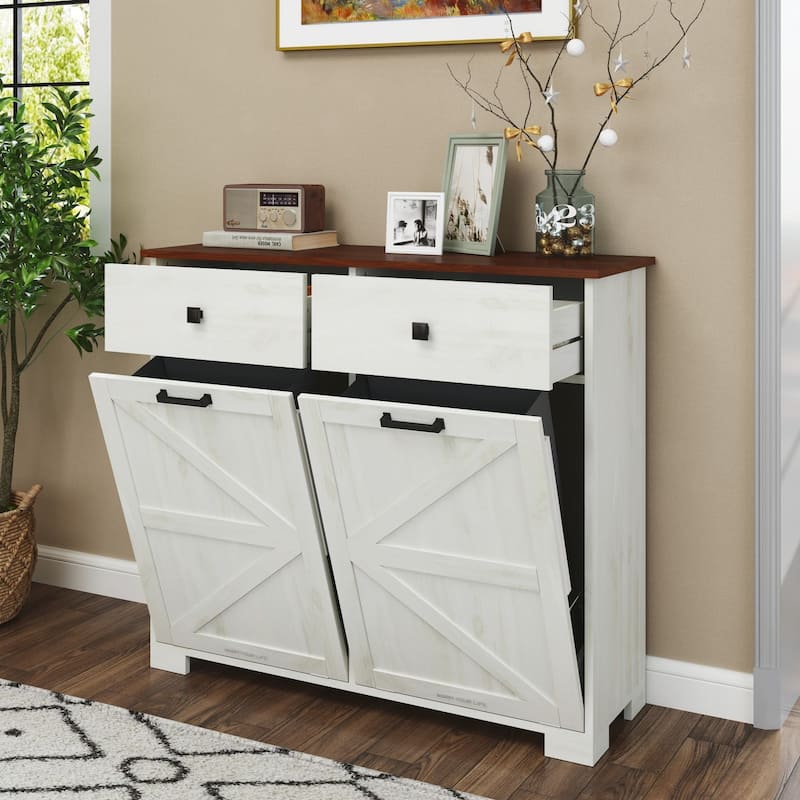 Farmhouse Double Tilt Out Trash Cabinet with Drawer for Kitchen Laundry