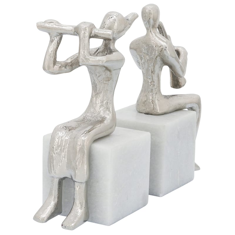 Decorative Metal Musicians on Marble Bases Bookends - 8", Silver - 8.0"