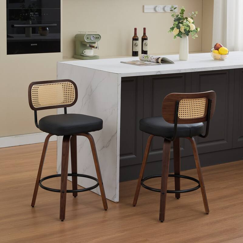 GDF Studio - Renley 26-Inch Rattan Cane Back Swivel Counter Height Bar Stools