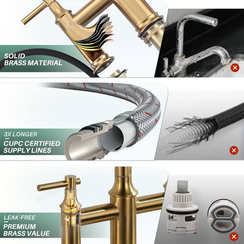 WOWOW Double Handle Pull Down Sprayer Bridge Kitchen Faucet