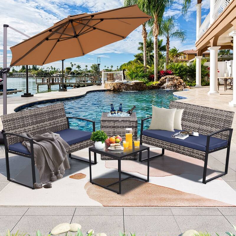 4-Piece Wicker Outdoor Sofa Set, 2 Loveseats, 1 Table, 1 Ice Bucket
