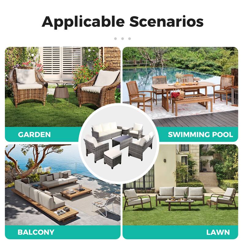 7pcs Wicker Patio Conversation Set Seating Loveseat Sofa with Ottomans