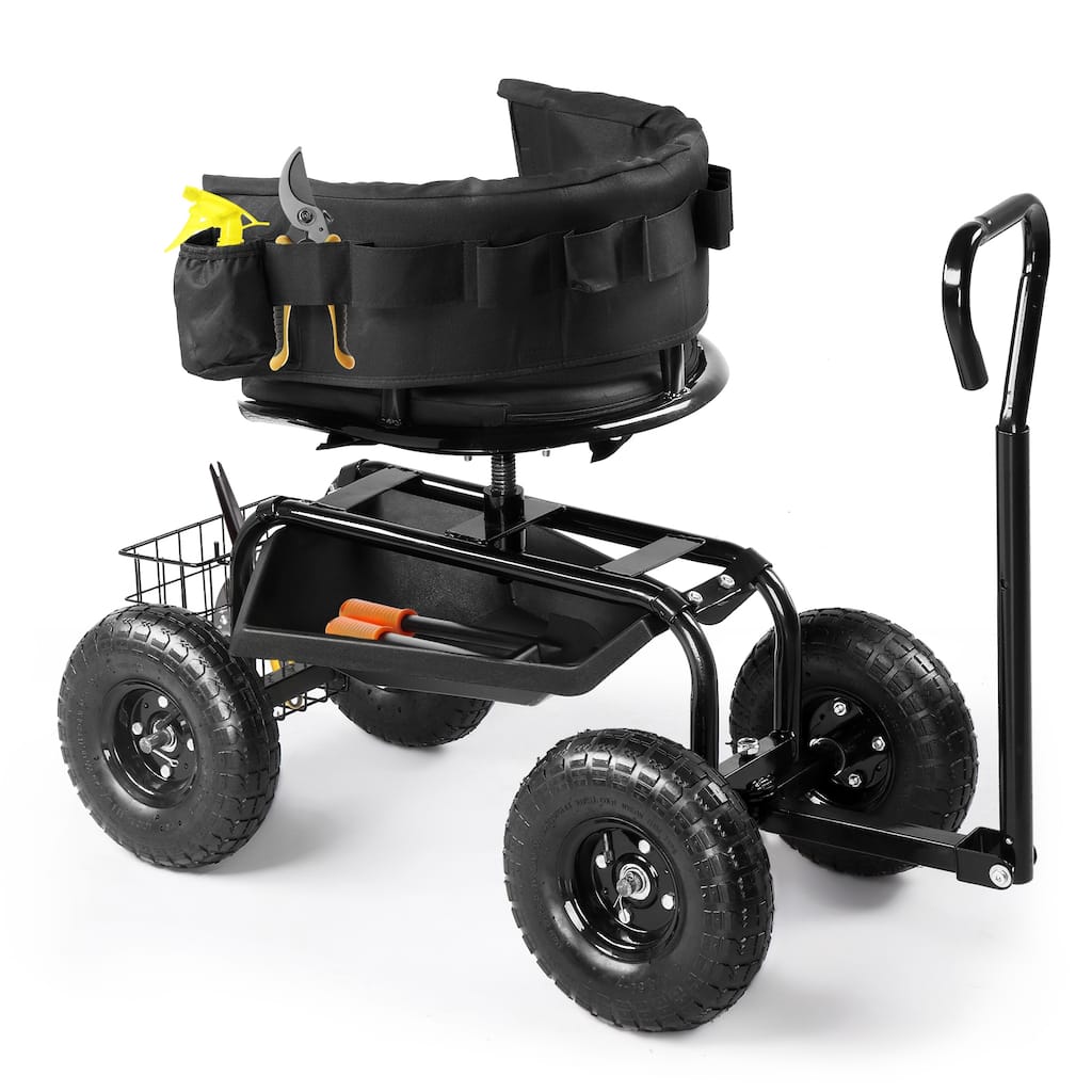 Rolling Garden Cart with Cushioned 360° Swivel Seat, Extendable Handle, Inflatable Wheels - 35" x 29.1" x 23.6"